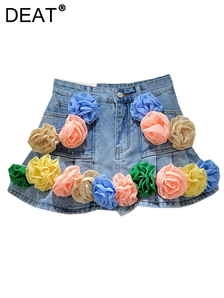 

DEAT Women's Denim Skirt Mid Waist Pockets 3D Floral Decoration Hem Anti Glare Folds Slim Skirts Summer 2024 New Tide 29L7238