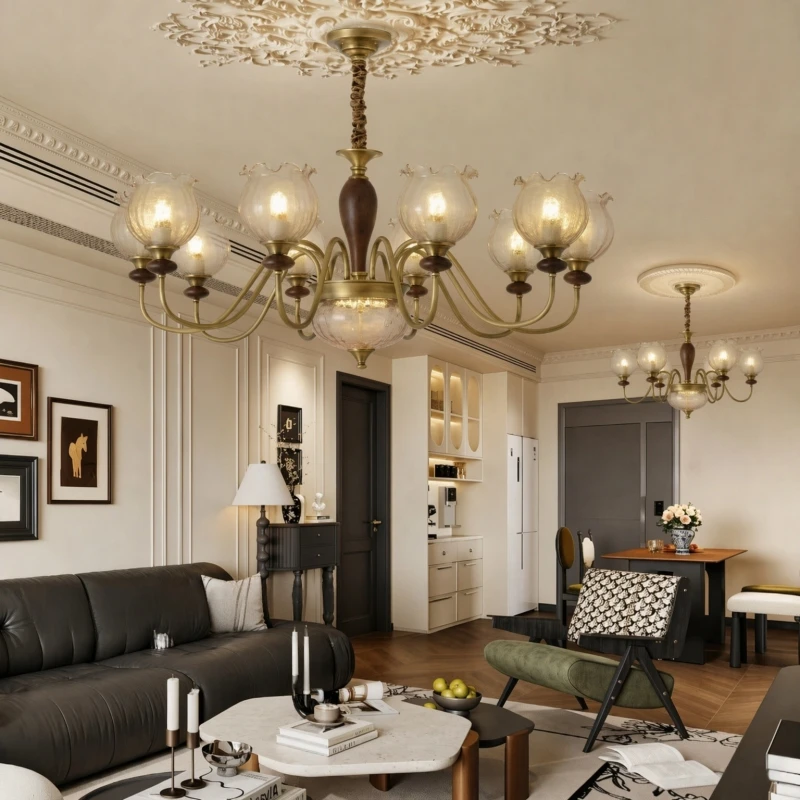 2026 French Style Full Brass Living Room Pendant Lamp Retro Dining Room Bar Chandelier Black Walnut Bedroom Loft Ceiling Fixture