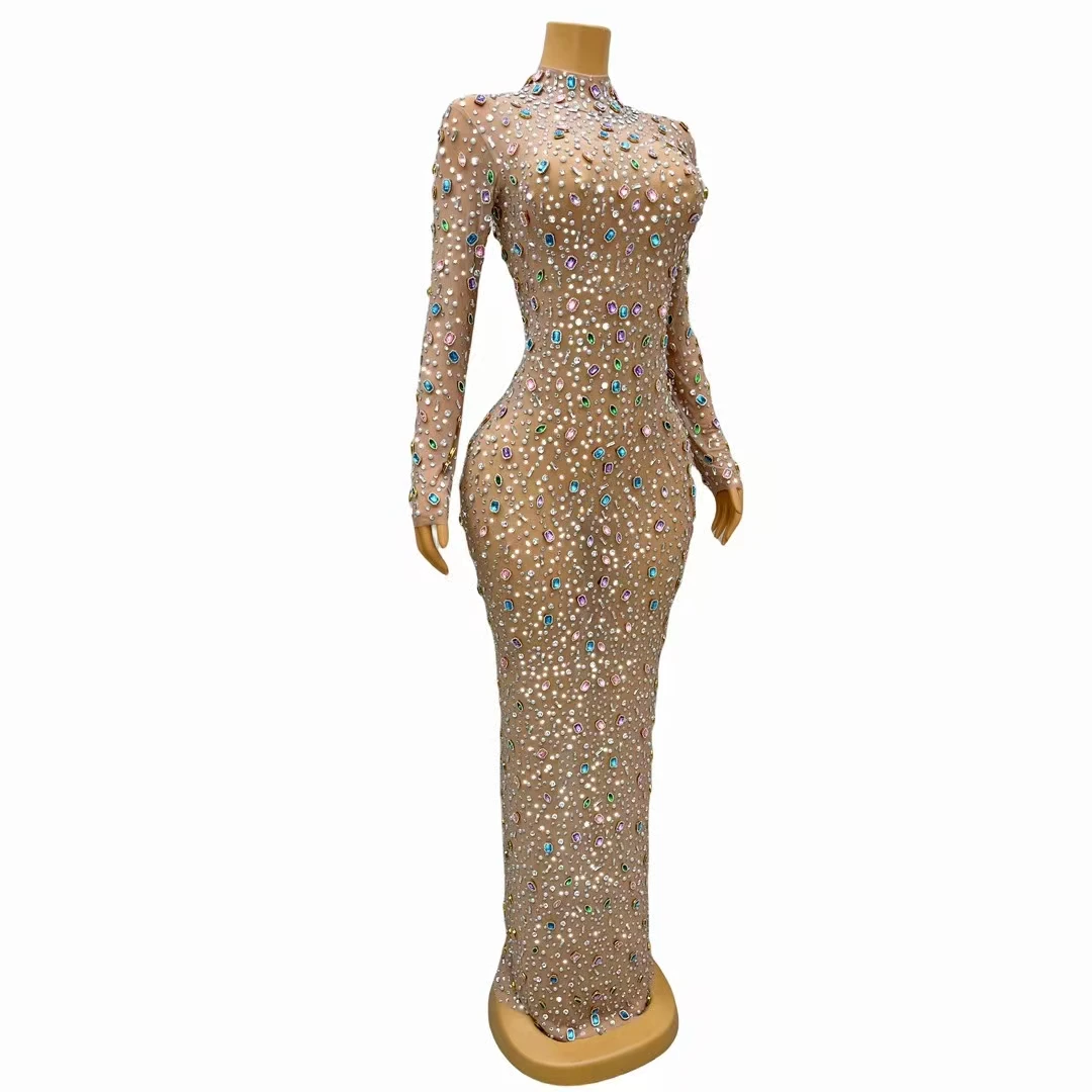 New Woman Clothes 2024 Trending Multicolor Flashing Sexy Rhinestone Evening Gowns Long Sleeved Mesh Tight Maxi Dress Stage Wear