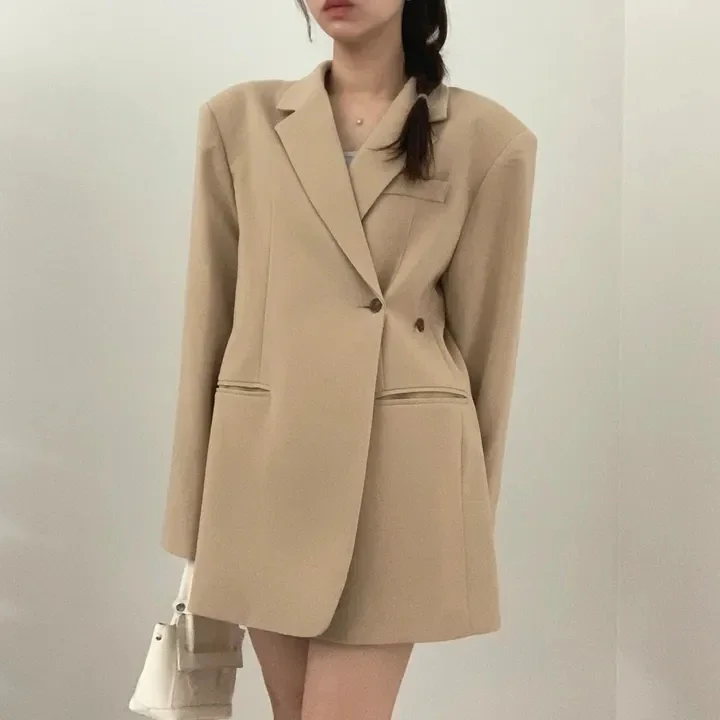 New Fashion Fall Winter Loose Suits Blazer Pad Shoulder Khaki Black Irregular One Button Jacket Coat BF Lazy Style Chic Outwear