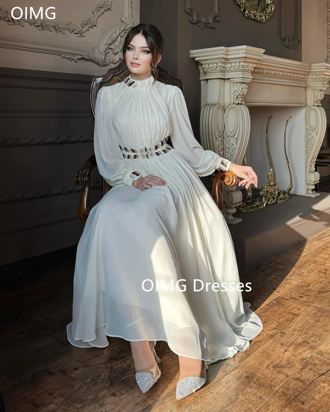 OIMG Customized Puff Sleeves Crystals Fashion Saudi High  Neck Prom Dresses Ankle Length Chiffon  Gowns Formal Party Dress