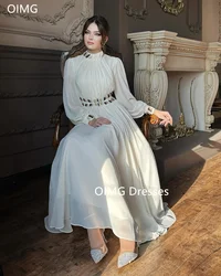 OIMG Customized Puff Sleeves Crystals Fashion Saudi High  Neck Prom Dresses Ankle Length Chiffon  Gowns Formal Party Dress