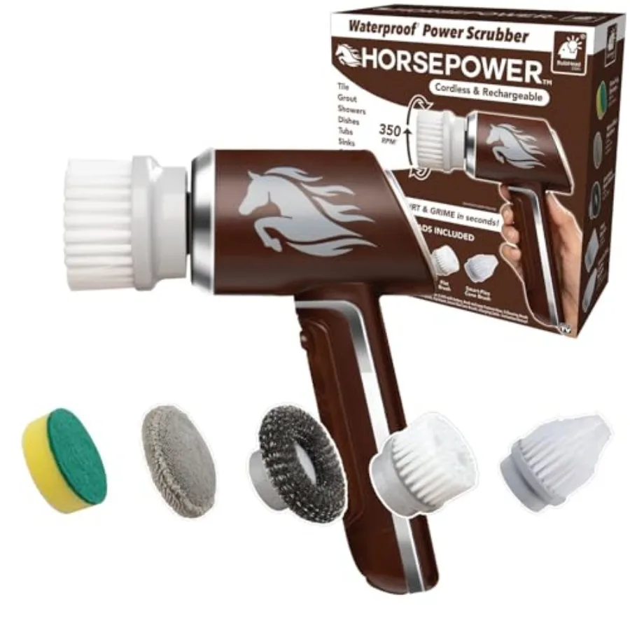 

Horsepower Scrubber Waterproof Electric Power Spins 350 RPM 5 Brush Heads AS SEEN ON TV Cleans Dirt and Grime Tile Grout Bathro
