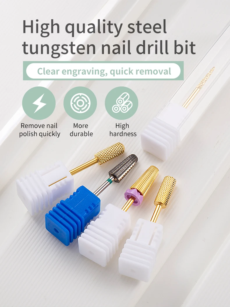 5-in-1-Wolframkarbid-Nagelbohrer, Fräser zum Entfernen von Nagellack, UV-Gel, konisch, Sicherheits-Endschnitt, Maniküre-Werkzeuge, golden – Detail 1
