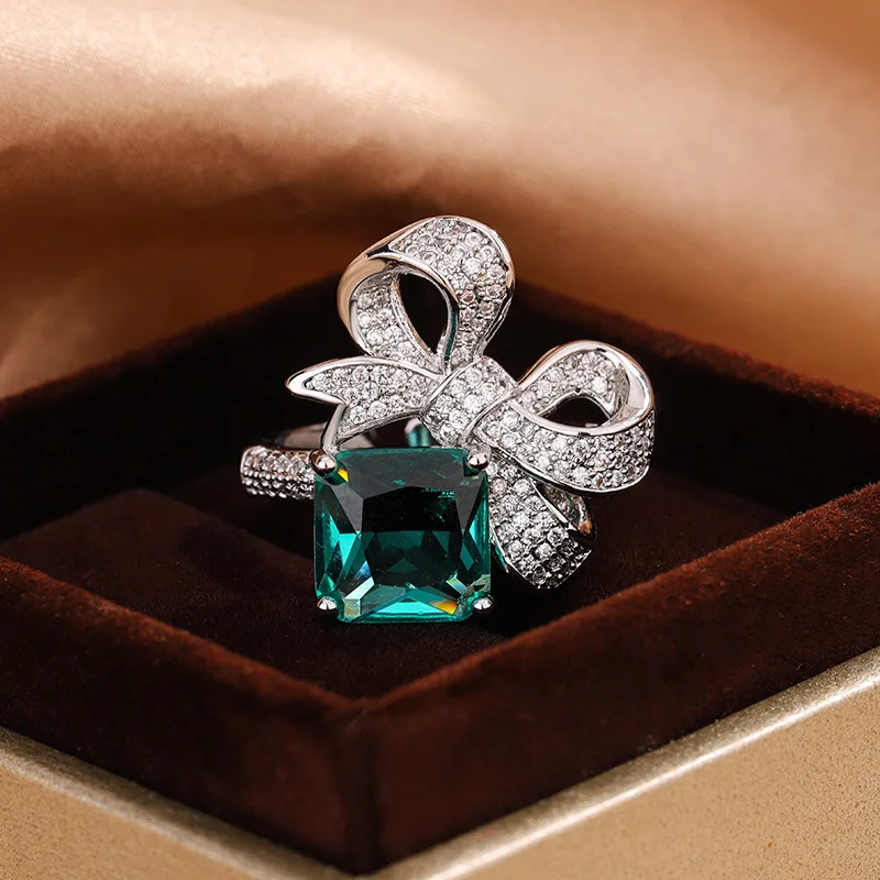 

Fashionable and Versatile Authentic S925 Silver Bow Green Square Zircon Women's Wedding Ring