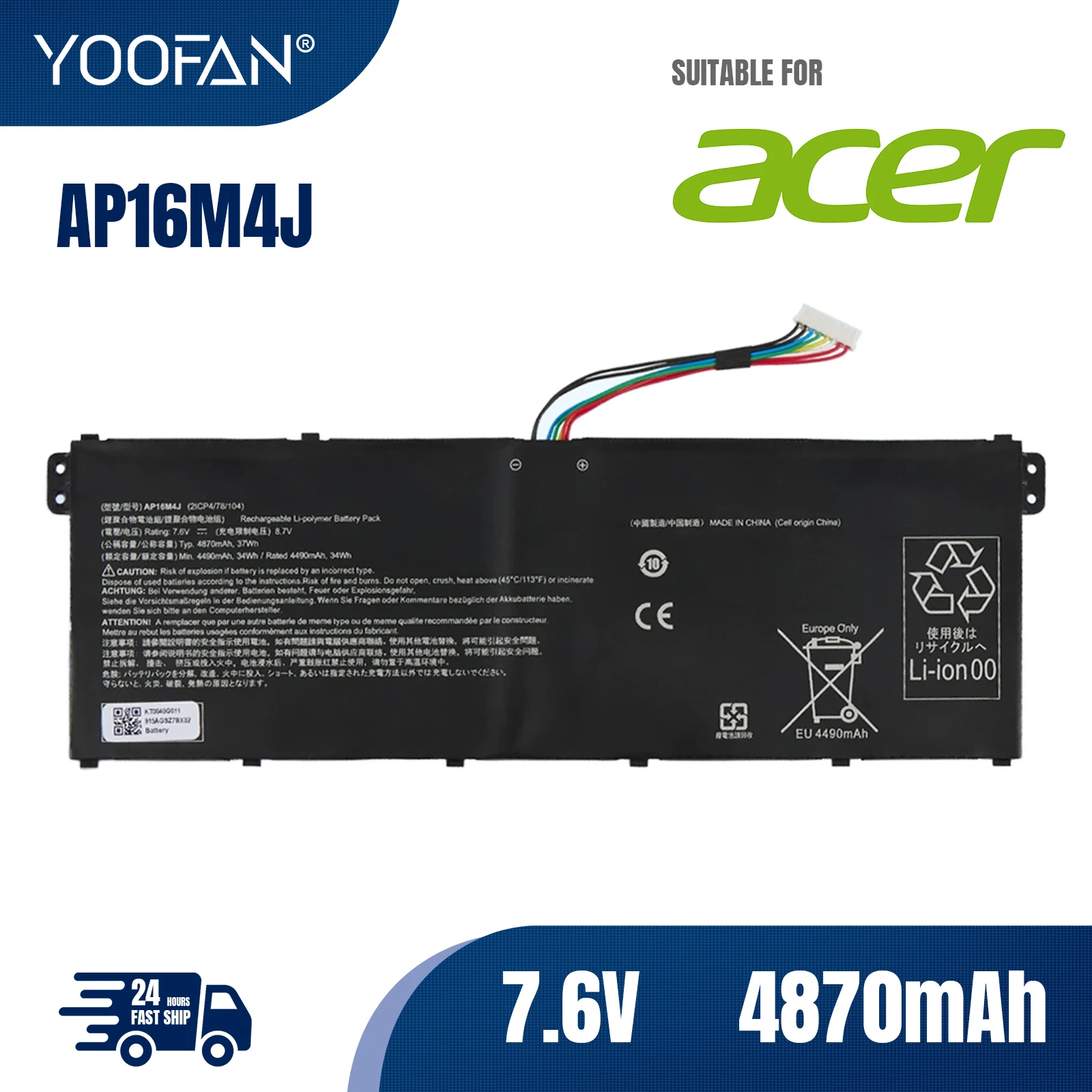 

YOOFAN AP16M4J Laptop Battery For Acer Aspire 3 A317-33 EX215-51G Series Notebook 2ICP4/78/104 7.6V 37WH 4870mAh