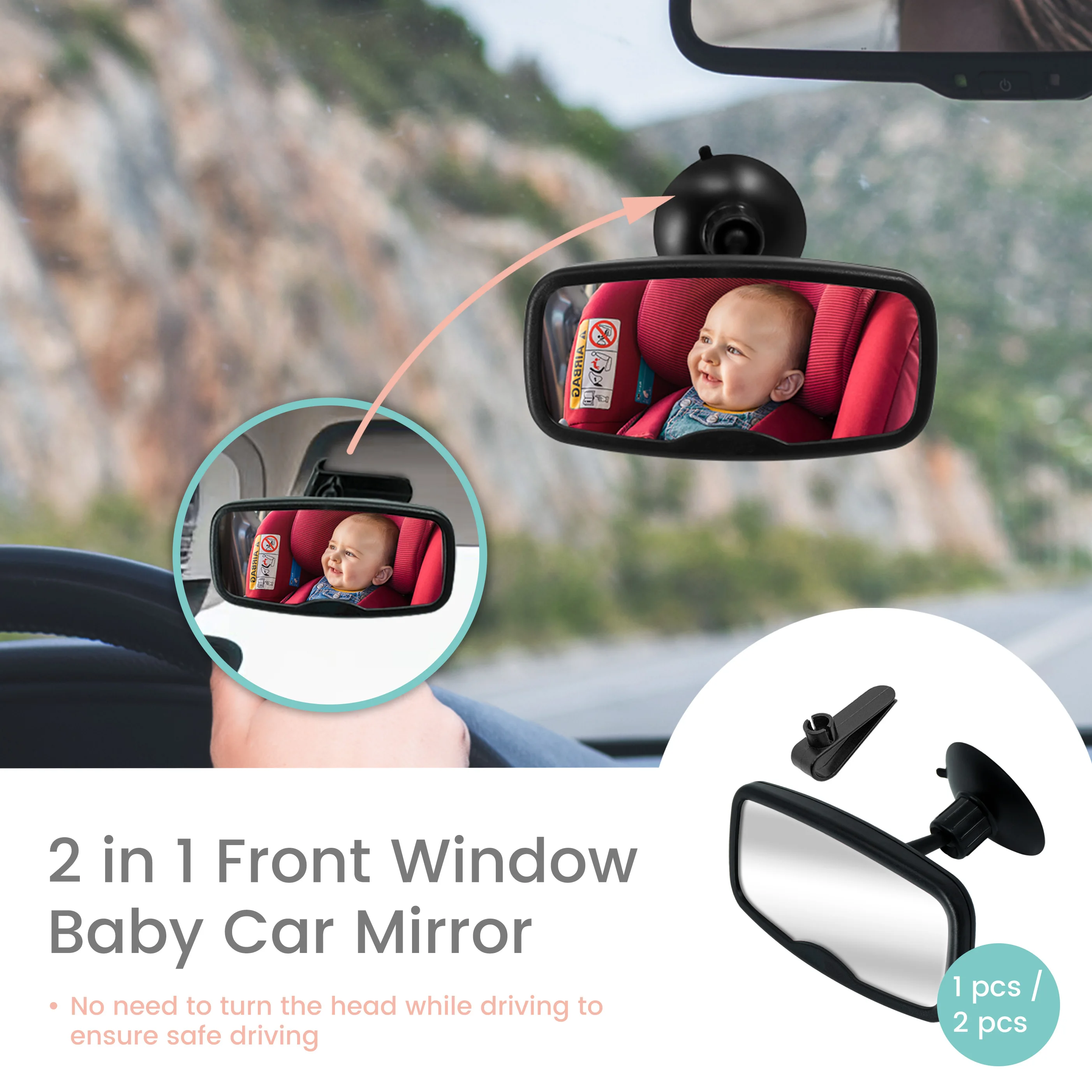 Small Size 2-in-1 Black Adjustable Car Seat Mirror 360° Rotatable Shatterproof Suction Cups Easy Install