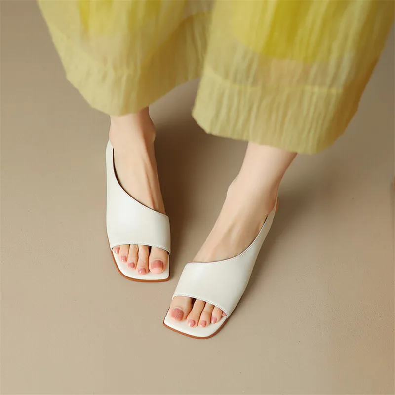 2023 New Summer Sandals Sheepskin Sandals Square Toe Chunky Heels Sandals for Women Handmade Women Sandals Concise High Heels