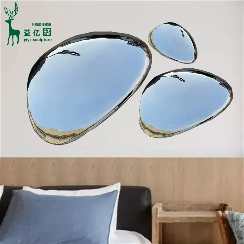 Contemporary Stainless Steel Water Drop Mirror Wall Hanging Pebble Head Decoration for Restaurant Model Room Soft Decor
