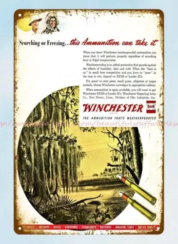 funky wall art 1945 WINCHESTER Ammunition alligator Florida Swamp metal tin sign