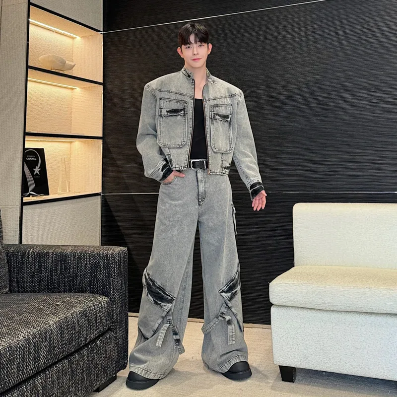 New Chic Worn-out Men's Two-piece Suit Multi Pockets Design Stand Collar Short Jacket Wide Leg Jeans Casual Men Set