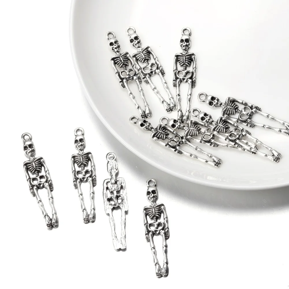

20Pcs/lot 9*38mm Tibetan Silver Color Skeleton Charms For Earrings Necklaces Skull Pendant DIY Jewelry Making Accessories