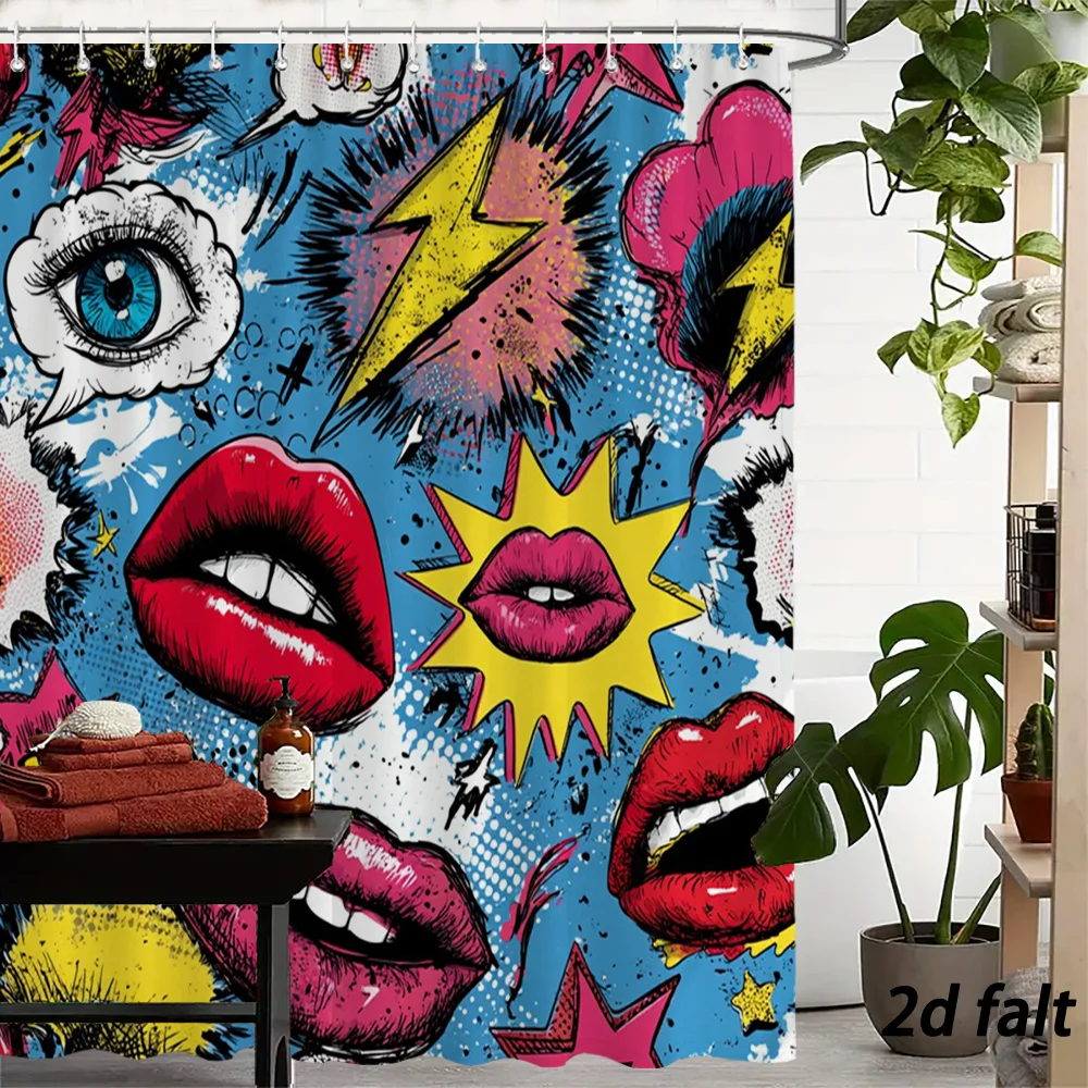Vibrant Pop Art Comic Book Style Shower Curtain with Bold Lips, Eyes, and Comic Elements