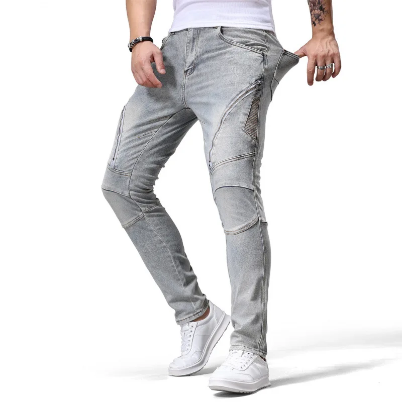 メンズジッパー付きスプライシングデザインのトレンディなレトロ風ストレッチジーンズ、ストリートスタイルの個性的なストレッチバイクパンツ