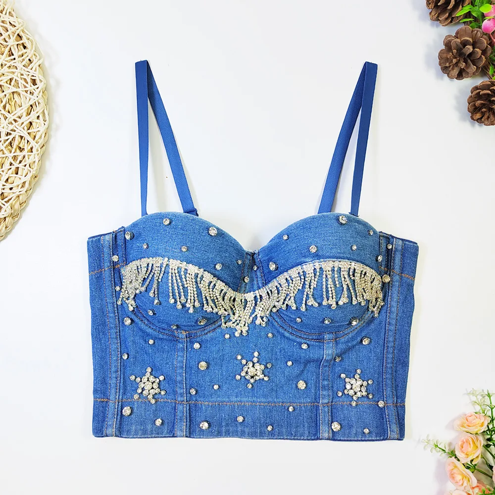 Women New Fashion Sexy Sleeveless Denim Chest Padded Gathered Bone Studded Vest Short Bustier Corset Crop Tops Clothes L465