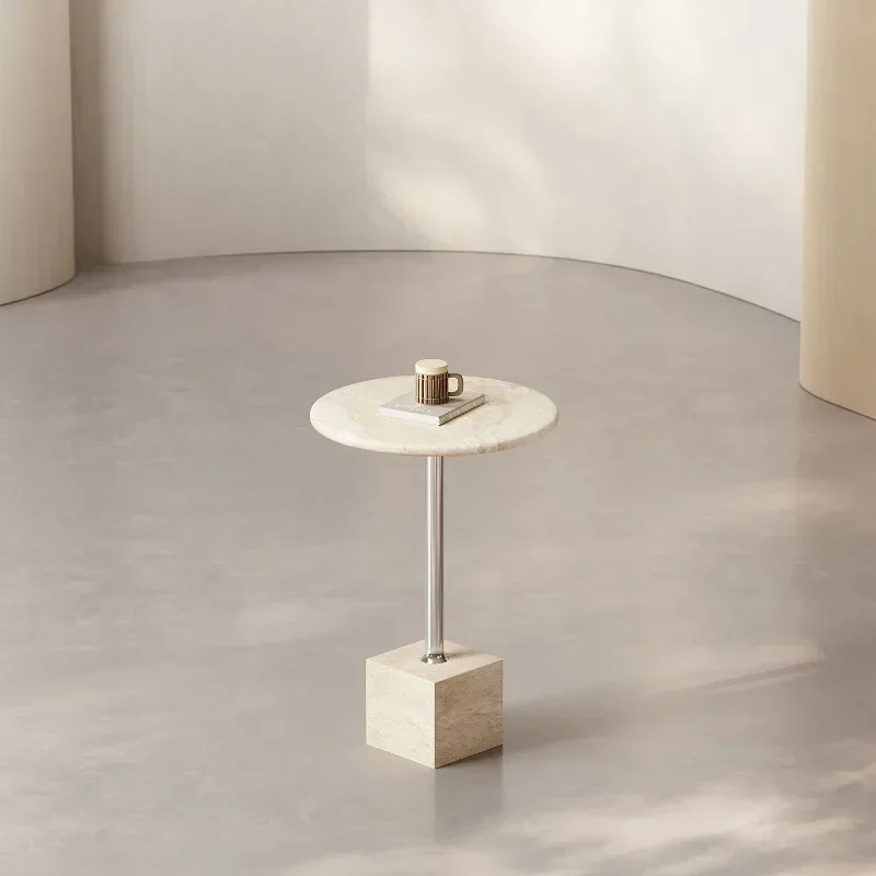 New Natural Travertine Round Tables Italian Minimalist Side Table Solid Stone Base Modern Cream Luxury Style Living Room Fu