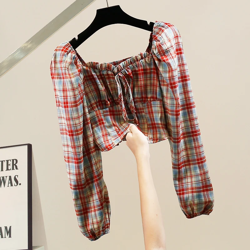 

Faionable Heavyweight Knot Plaid Long Sve Slim Fit irt Design Versatile ort Size Women's Trendy Top