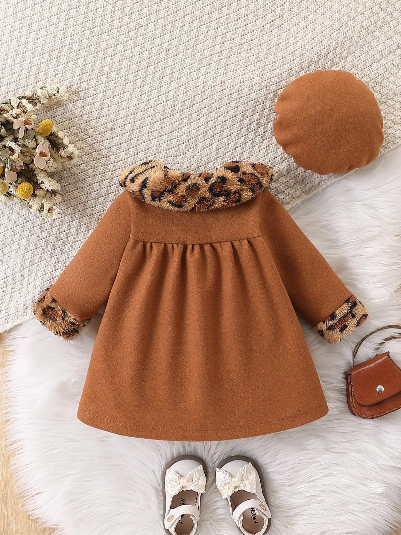 Retro Leopard Print Doll Collar Woolen Coat Set, Long Coat + Beret Two-Piece Set for Baby Girls, Autumn and Winter Fashionable and Elegant Set