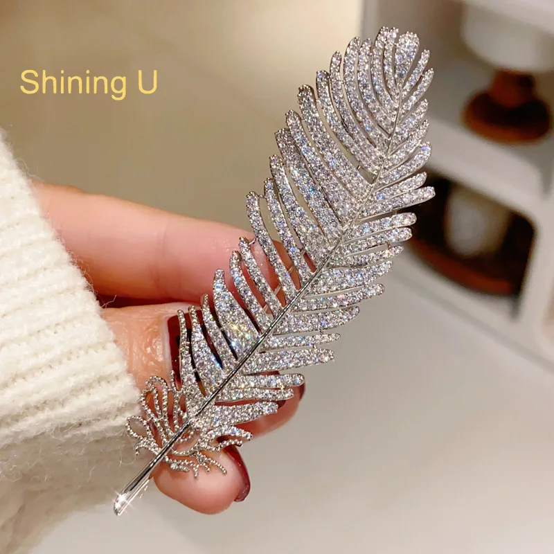 Shining U Light Luxury Feather Full Zircon Gems Brooch for Women Men Fashion Accessory New Year Gift