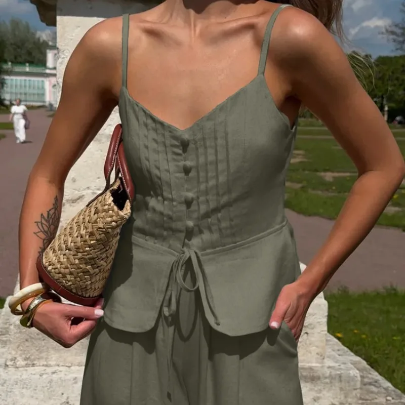 Y2K Damen Sommer 2-Teiliges Set Elegantes Knopf-Oberteil mit Kordelzug und Schößchen, Weite Hose, Urlaubs- und Strandoutfit – Detail 30