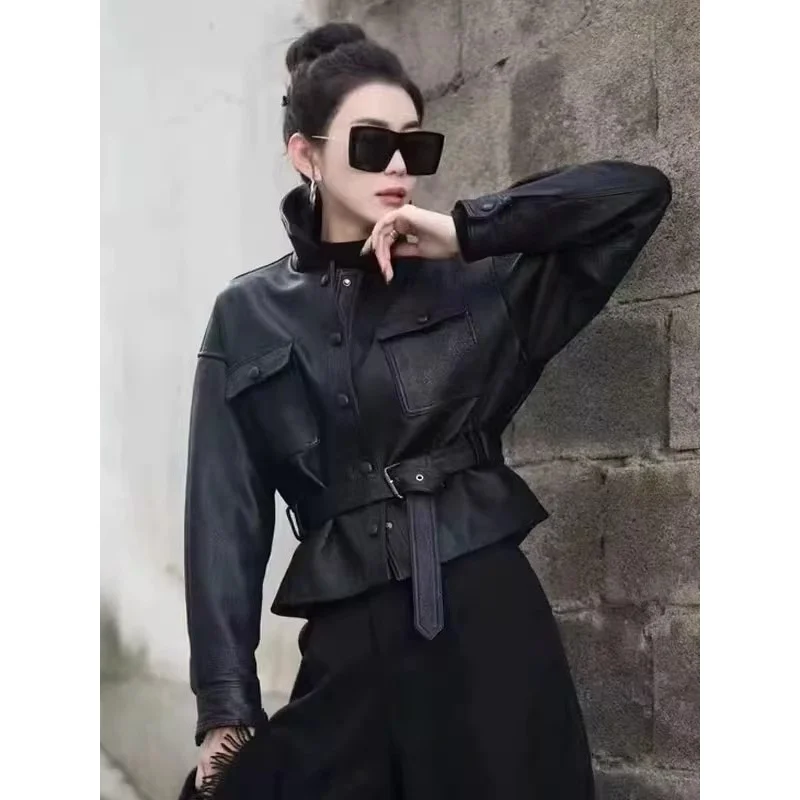 Giacca corta da donna in vera pelle di capra Primavera Autunno Colletto nero Capispalla elegante per donna