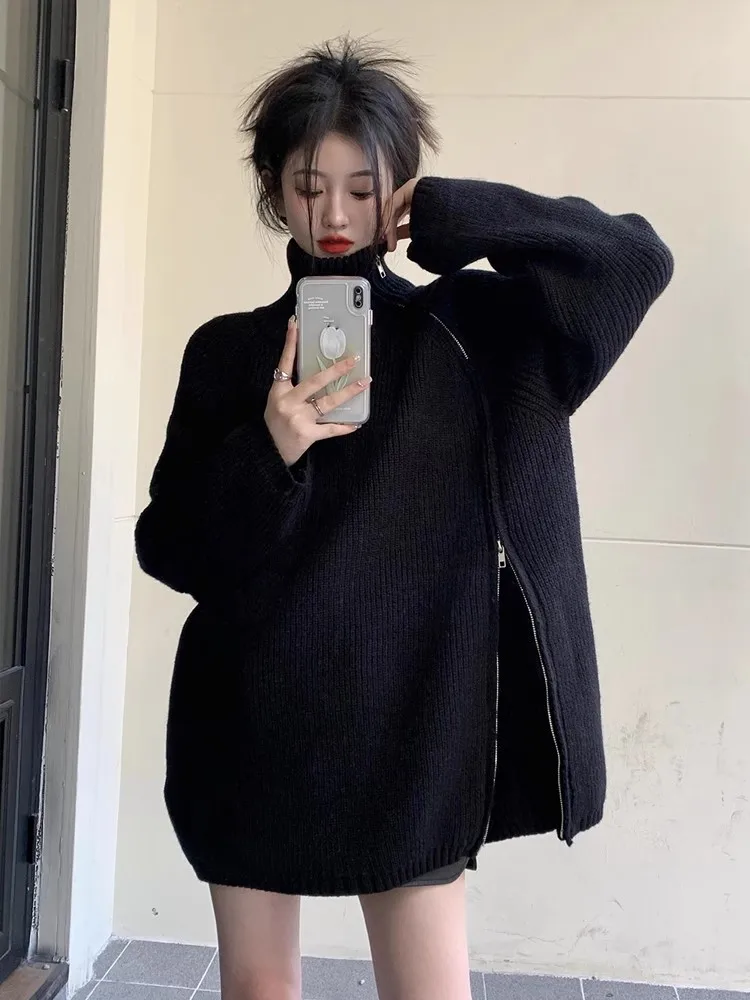 2025Women Turtleneck Knitted Zipper Long Sweater Coat oversize Y2k Casual Tops Thick Warm High Neck Long Fashion Ladies Sweaters