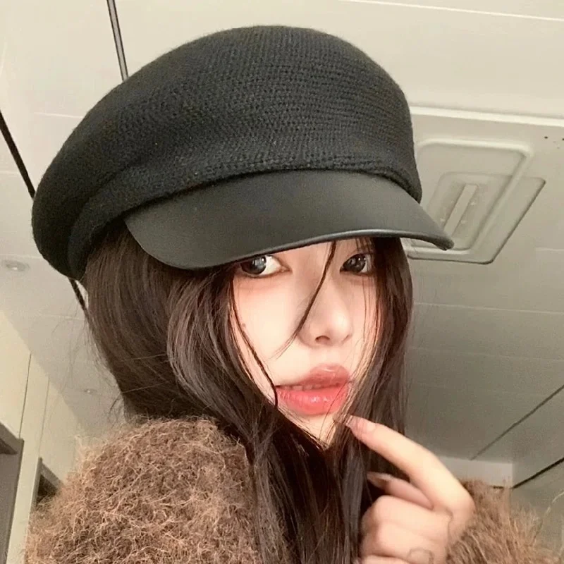 Wool Knitted Leather Hat Brim Octagonal Hat Women's Autumn and Winter Warm All-match Beret Advanced Sense Newsboy Hat