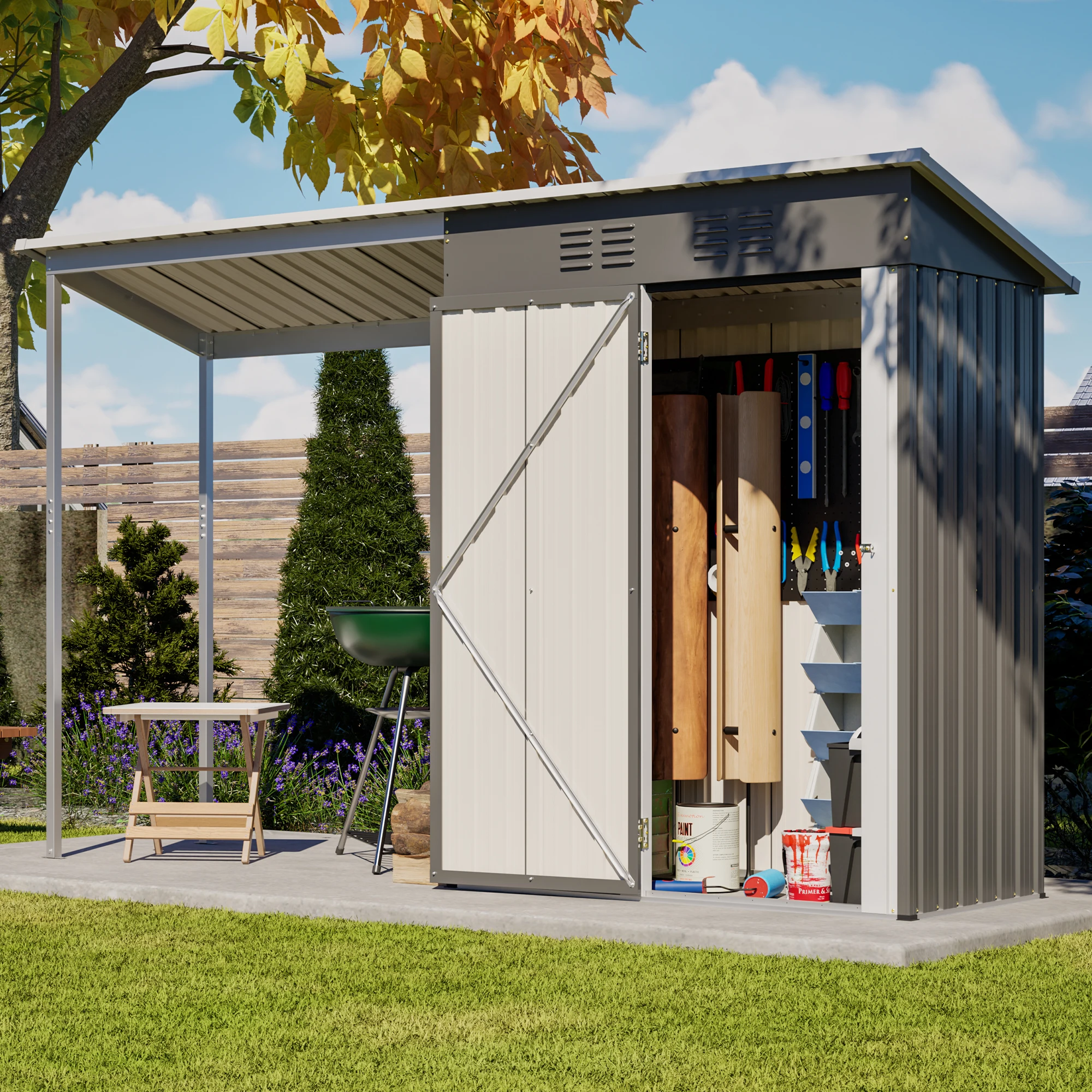 Caseta de Almacenamiento y Gazebo Combinados de Acero Galvanizado de 5x3 Pies, Caseta Inclinada con Pérgola Abierta, Caseta de Jardín 2 en 1 para Patio y Jardín Trasero