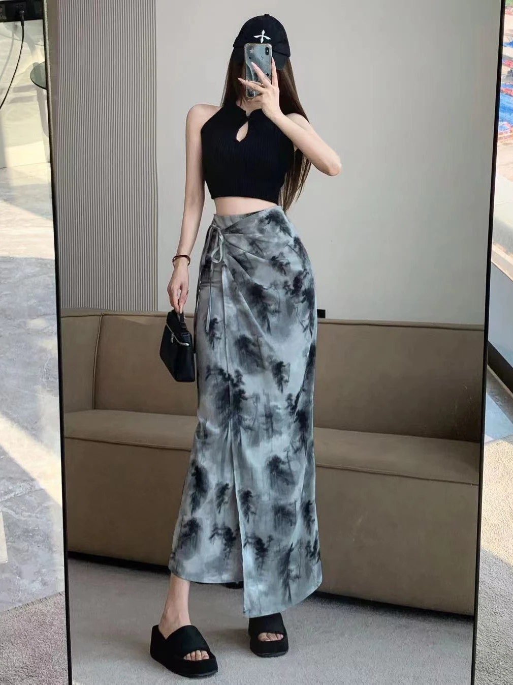 Rokken Dames Tender Charm Dagelijks Inktdruk Chiffon Ulzzang Vetersluiting Elegante eenvoudige kleding Zomer Vrije tijd Artistiek Stijlvol