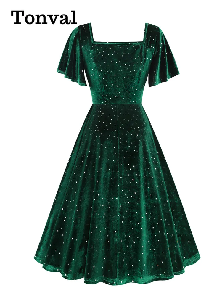 Tonval Dotted Velvet Green Elegant Party Christmas Winter Dresses for Women Square Neck Ruffle Sleeve Vintage Midi Swing Dress