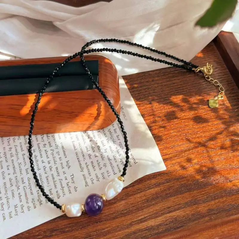 

Handmade spinel fresh water Baroque pearl necklace with amethyst Blessing All Saints' Day Beaded Classic Calming Colorful