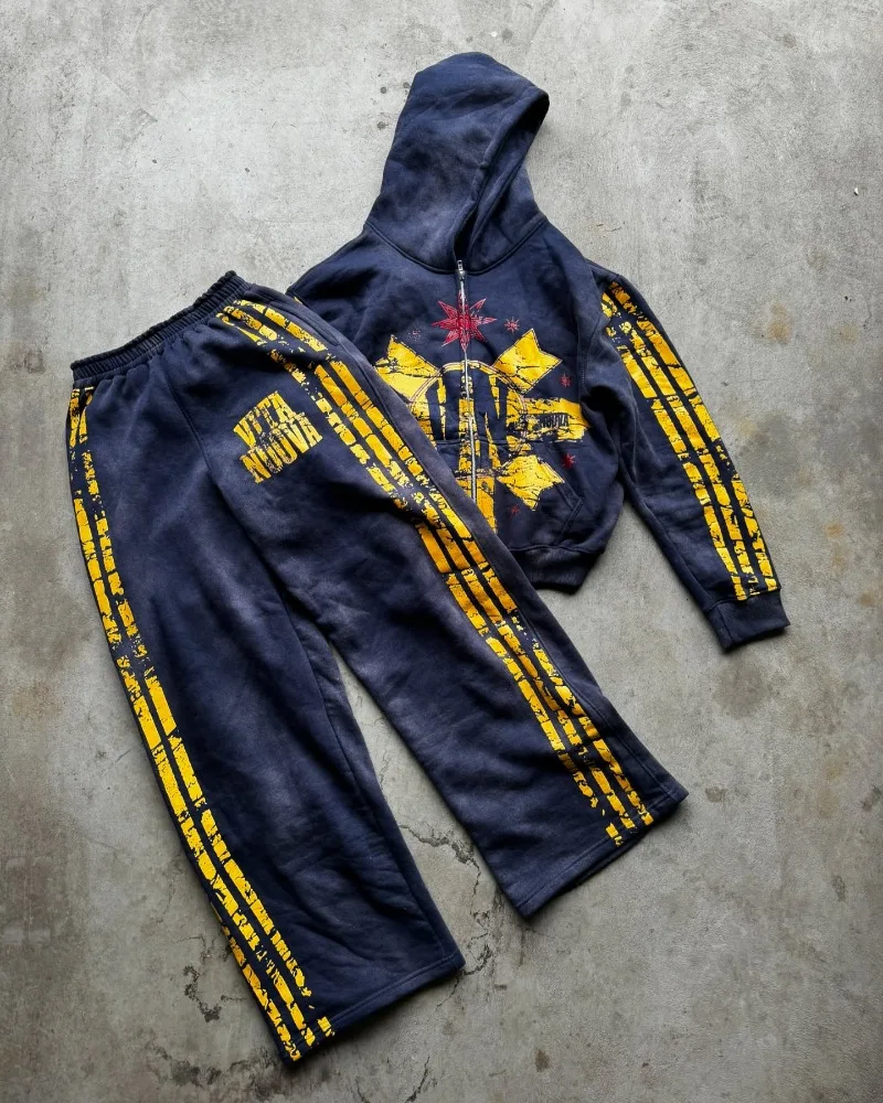 

Y2k Harajuku Gothic trend retro oversized sportswear striped print design men sets American hip hop fashion new men clothing