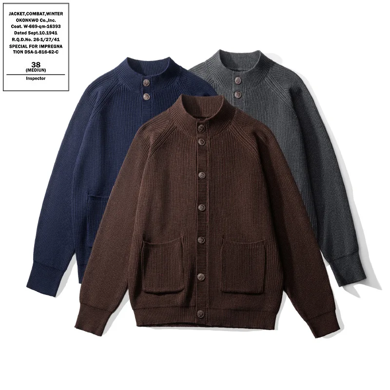 

OKONKWO raglan sleeves men's and women's wool sweater thick solid color stand collar wool cardigan knitted sweater coat sweater