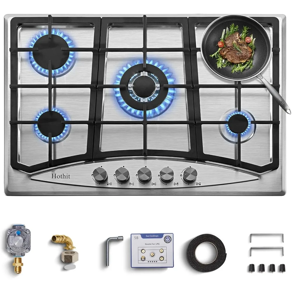 

Hothit Propane Gas Cooktop 30 Inch, 5 Burner Built-in Stainless Steel Gas Stove Top, LPG/NG Dual Fuel Auto Ignition Gas Hob, Inc