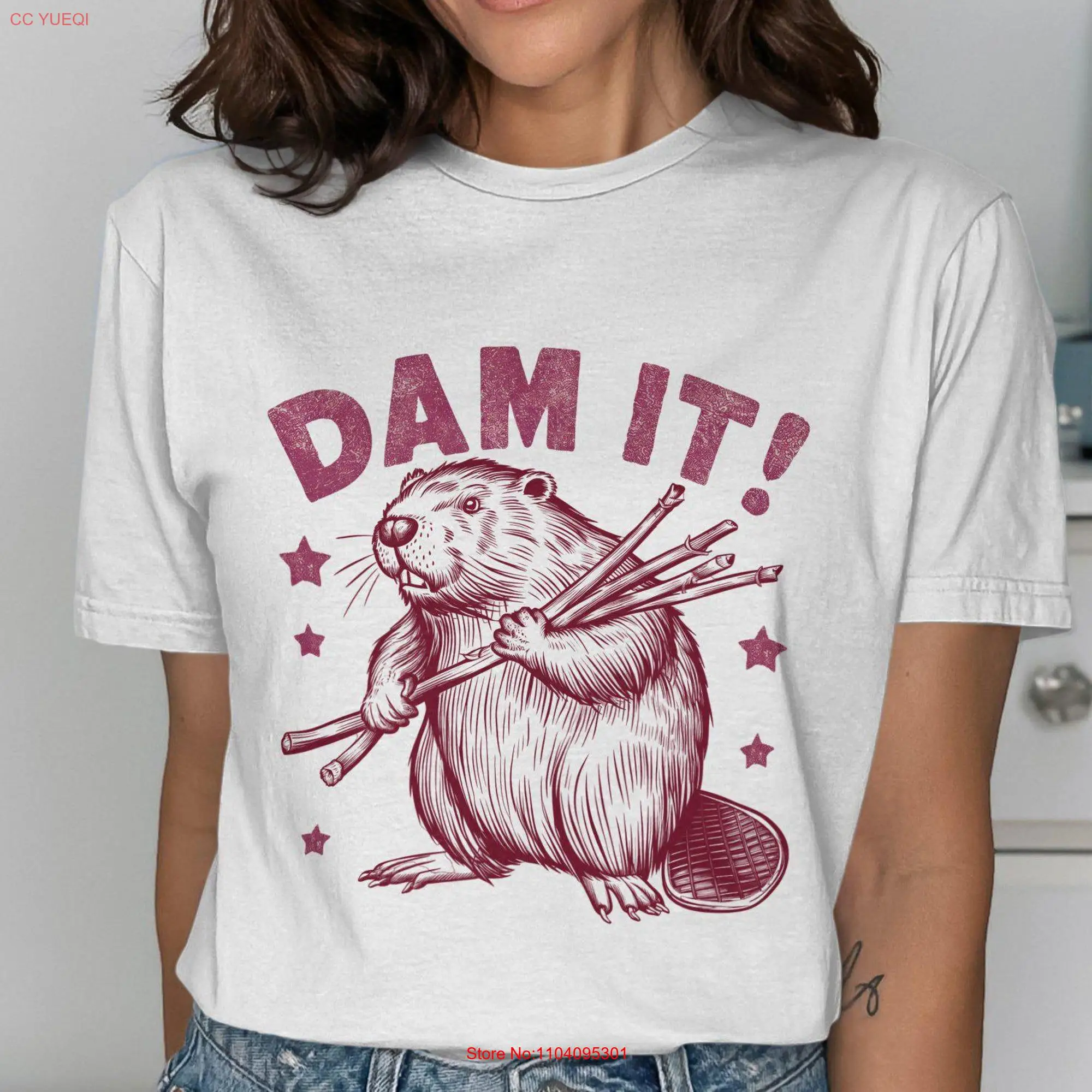 Funny Beaver T Shirt Humorous Dam It Pun Cute Animal Design Phrase Casual Wear For Friend long or short sleeves