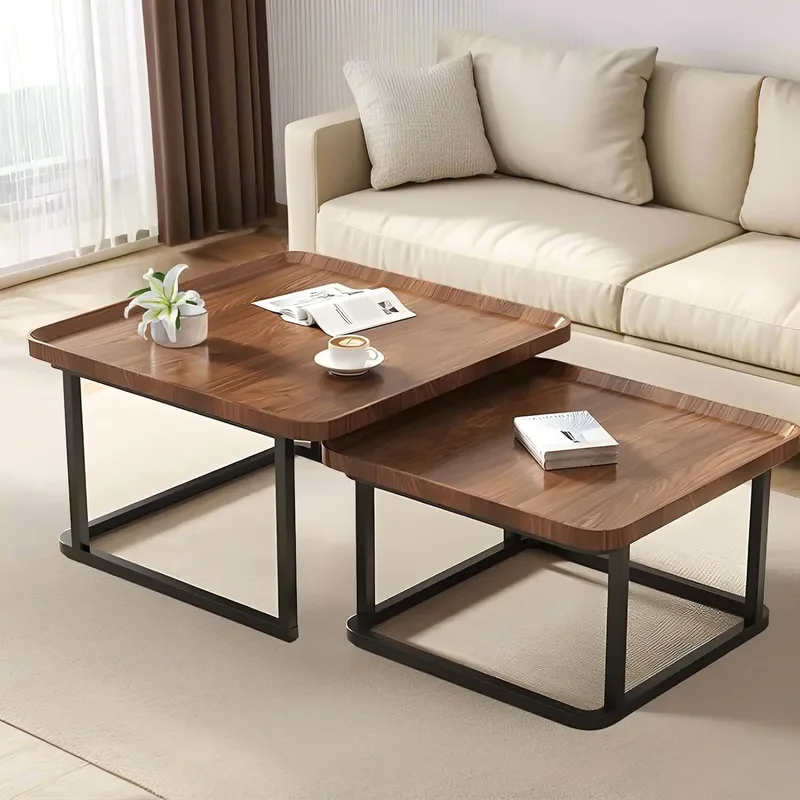 Nested Coffee Table Set Square with Groove Detail Brown Black for Living Room Bedroom Office Small Space Furniture
