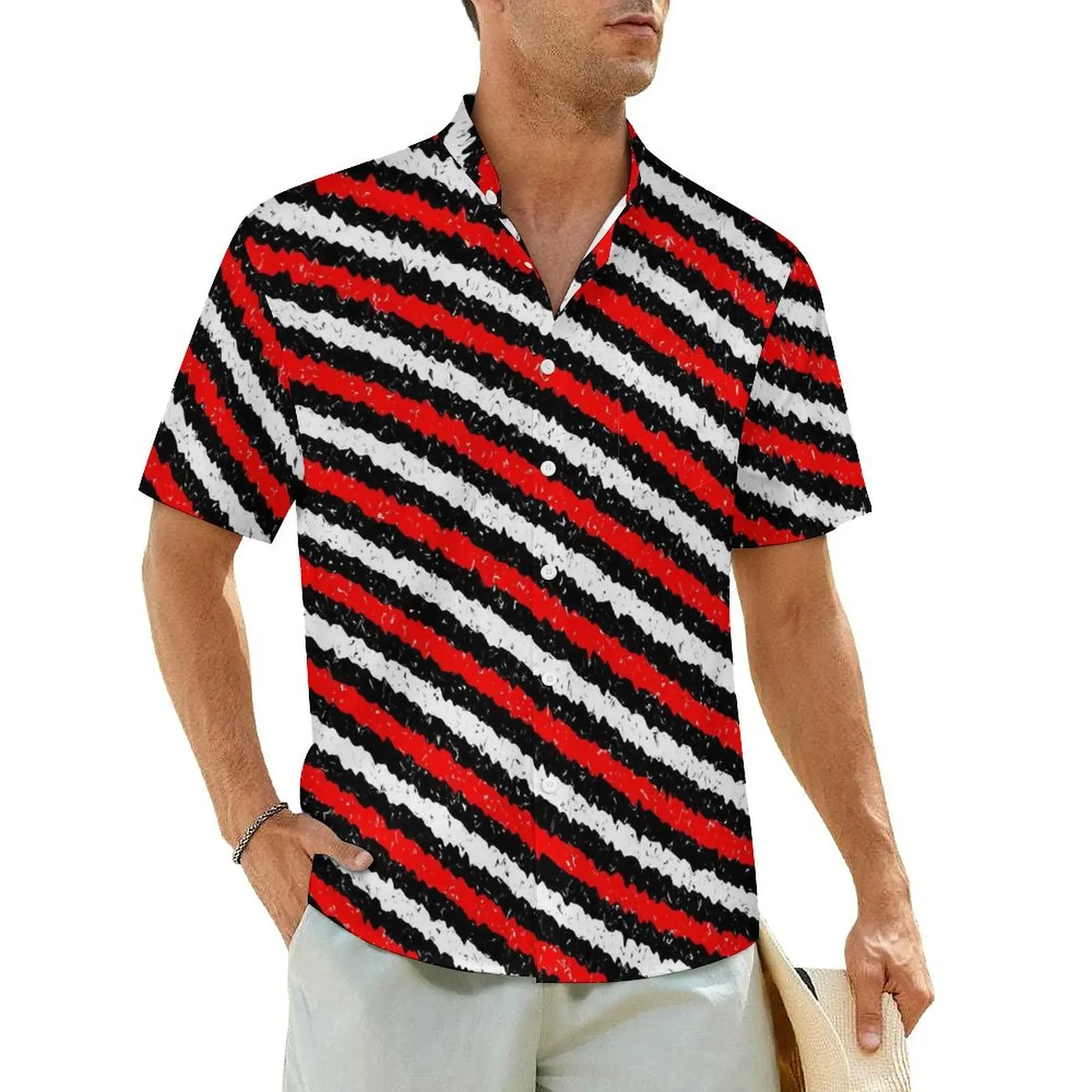 

Speckled Red Black And White Striped Casual Shirt Elegant Hawaii Shirts Men Short Sleeve Beach Harajuku Custom Oversize Blouses