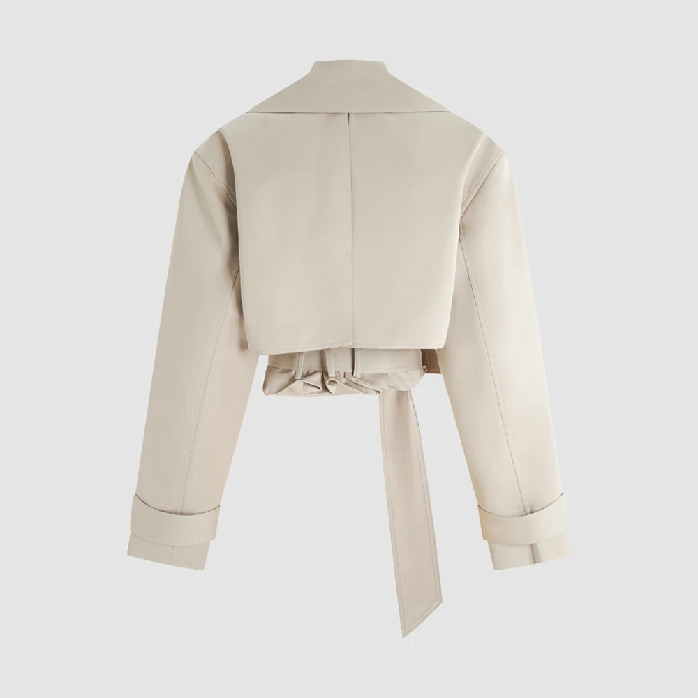 Women Cotton Blend Trench Jacket Double Breasted Belted Short Coat Ladies Long Sleeve Elegant Windbreaker Autumn Outerwear