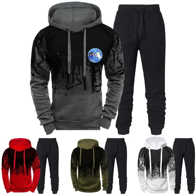 Men's Hoodie Black Gray Printed Graphic Sweatshirt & Pants Set Casual Sportswear for Outdoor Activities and Daily Wear