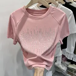 Short-sleeved women's 2024 summer new design sense niche rhinestone white shoulder T-shirt fashion Joker shoulder pad top.