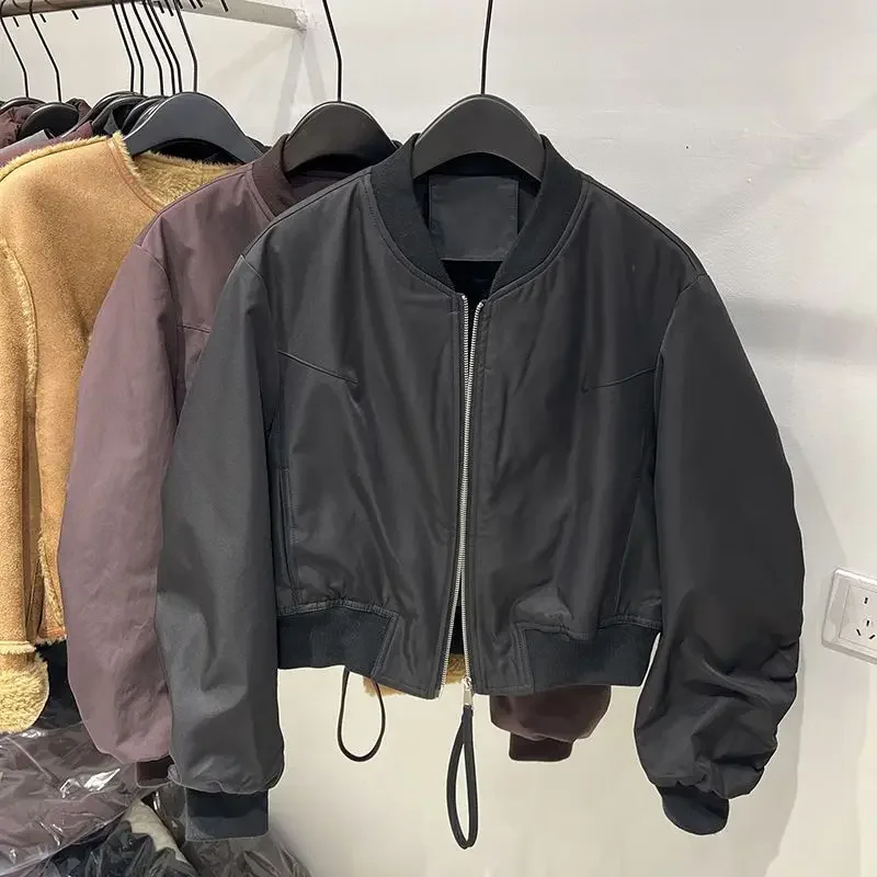 Women's 2026 Fall Winter Korean Oversized Quilted Varsity Jacket Short Thick Flight Bomber for Petite