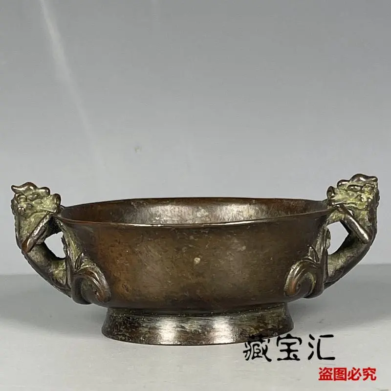 Vintage Chen Qiaosheng Bronze Beast Double Ear Incense Burner Old Patina Purple Copper Censer