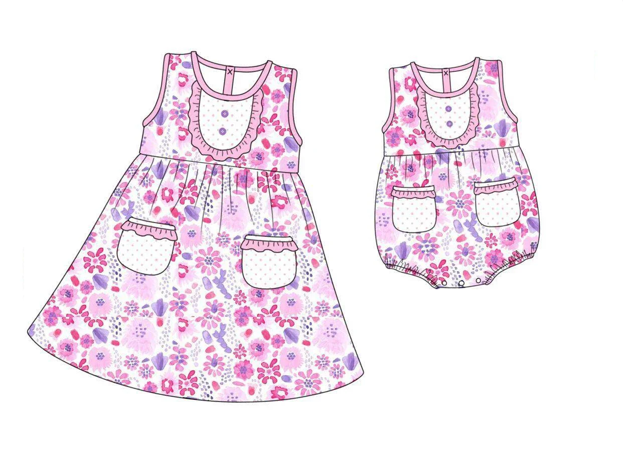 

Girls series boutique children's set sleeveless lace buttons small floral print pocket lace girl dress baby romper clothes