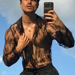 Men's Mesh See Through Mesh Sexy Lace Shirt Long Sleeve Fishnet Hollow Out Vintage Streetwear Slim Fashion Party Clothing S-XL