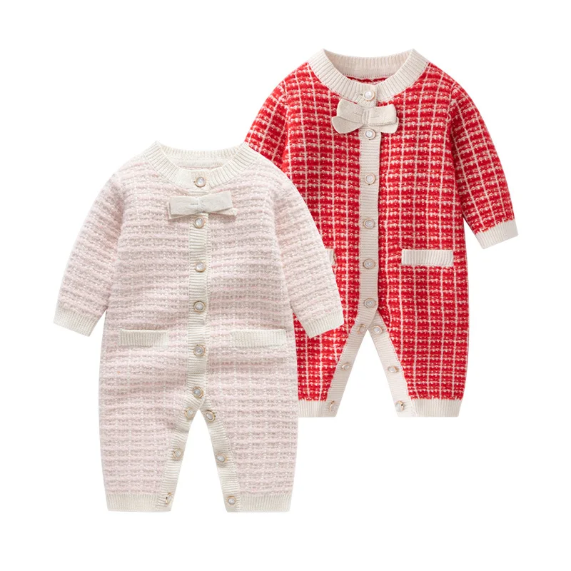 

Baby Plaid Bow Autumn and Winter Fashion All-match and Comfortable Temperament Knitted Jumpsuit Princess Style Rompers