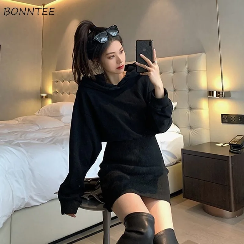 Hooded Black Mini Dresses Women Knitted Chic Autumn Winter Thick Leisure Defined Waist Hip Wrap Streetwear Popular Female Mujer