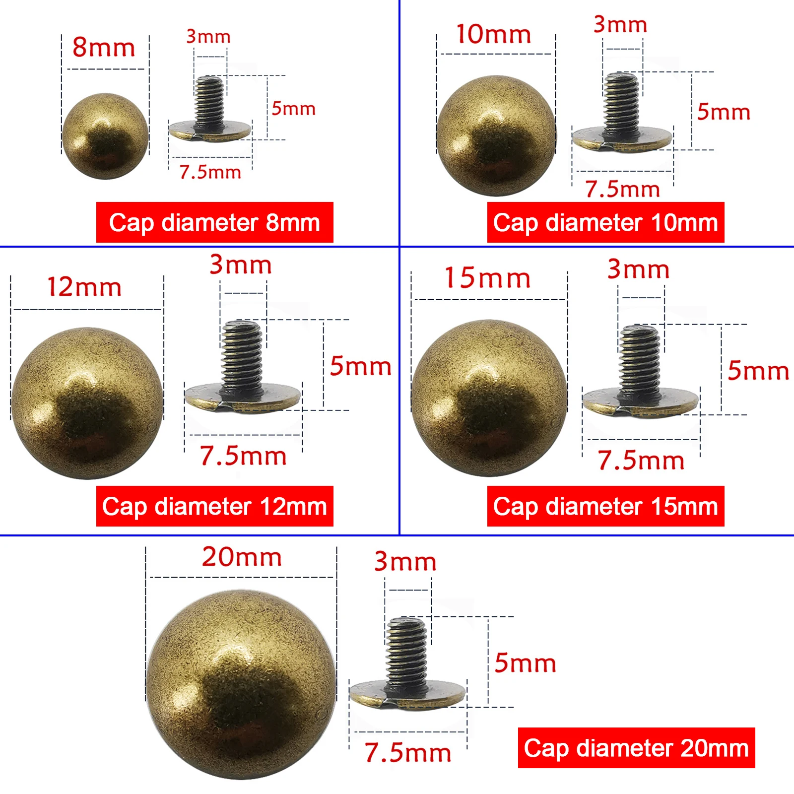 10sets Dome Cap Rivets Studs Round Head Spike Studs Punk Spots Garment Leather Belt Wallet Decor Fasteners Parts DIY Accessories