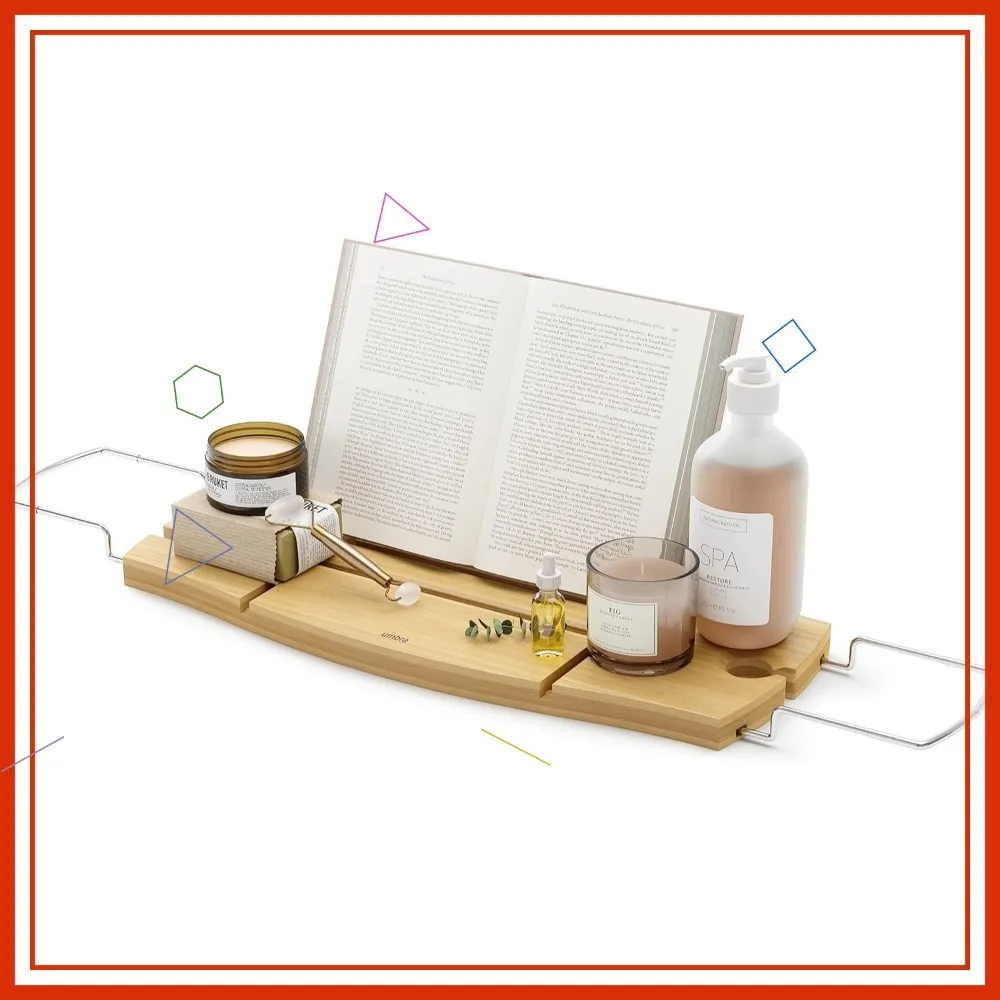 

Extendable Bathtub Tray with Book Stand and Wine Glass Holder, Natural Wood Finish for Relaxing Baths