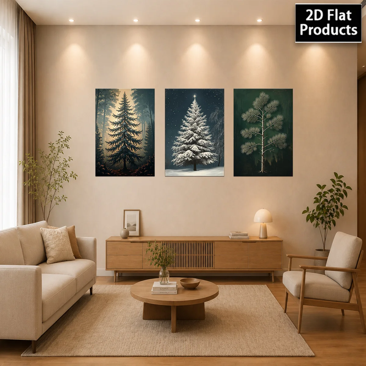 Frameless 2D Flat 3pc  Canvas Wall Art – Three tree paintings in forest scenes with different settings and colors perfect for