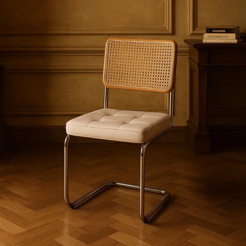 

Scandinavian Solid Wood Dining Chair,Woven Rattan Seat with Open Back,Retro Style Kitchen Chair, Vintage Home Decor Accent Chair